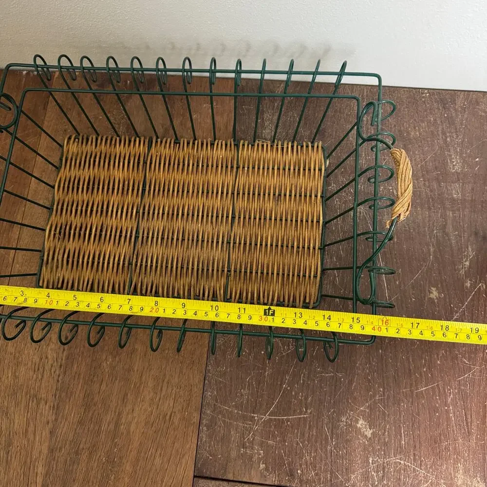 Vintage‎ Green Wire Basket with Woven Rattan Bottom and Handles 14.5x10.5